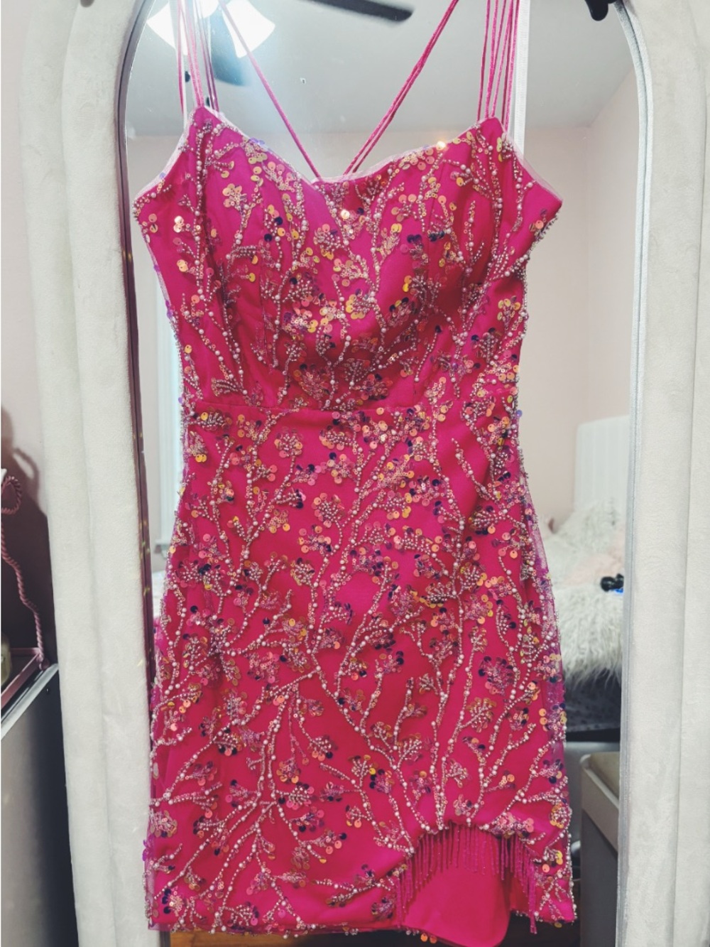 Zapaka Mulheres Hot Pink Beaded Sequin Mini Dress